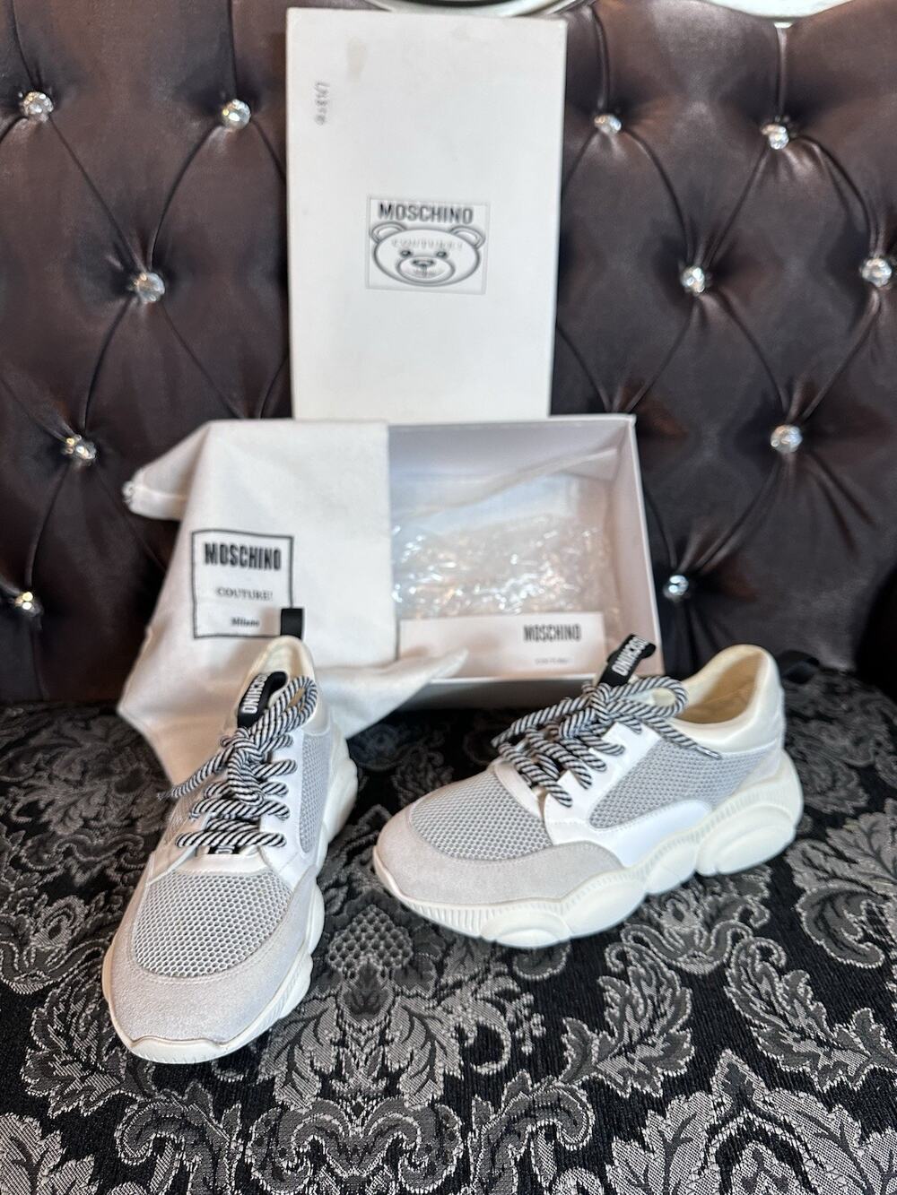 Moschino Shoes Womens 7 Teddy Bear Sneakers White Grey Chunky Designer Mesh Box